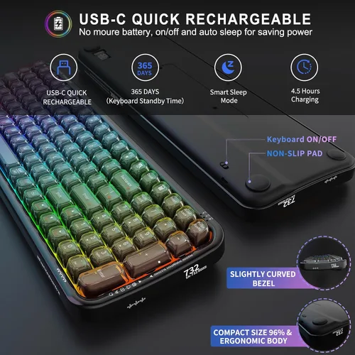 Vista 5 de FOPETT Teclado inalámbrico para computadora con retroiluminación RGB, Bluetooth 5.0/USB-C/2.4 GHz, teclado ergonómico para juegos, tapa transparente