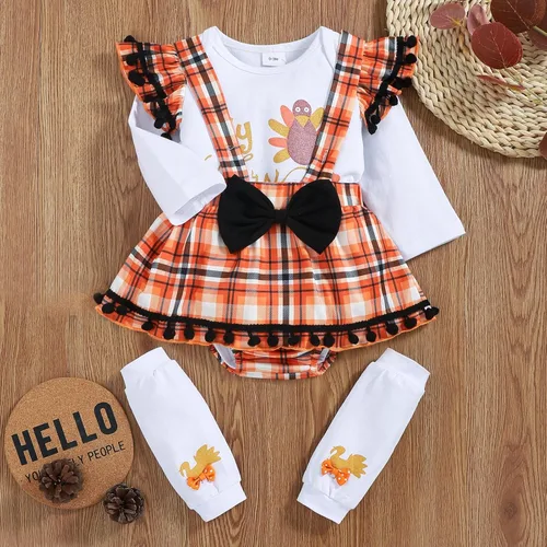 Vista 4 de My First Thanksgiving - Trajes de bebé para niña, disfraz de pavo recién nacido, manga larga, con volantes, falda con tirantes de 0 a 18 meses