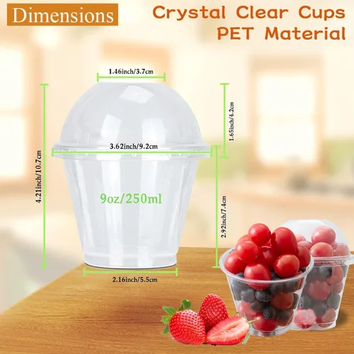 Vista 6 de Artpreti 25 juegos de tazas de parfait de plástico transparente de 9 onzas con tapas de cúpula (SIN AGUJERO), vasos de postre desechables con tapas