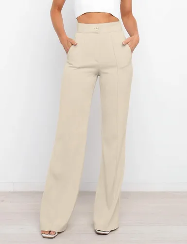 Vista 2 de Pantalones casuales de pierna ancha de cintura alta para mujer, pantalones de vestir con botones para mujer, pantalones de trabajo con bolsillos