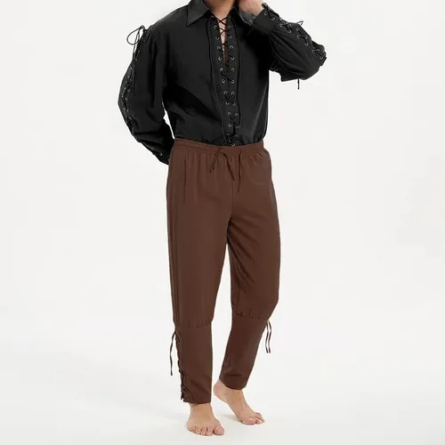 Vista 5 de Pantalones medievales de tobillo con banda cónica para hombre, disfraz de pirata, renacentista, gótico, casual, para hombre