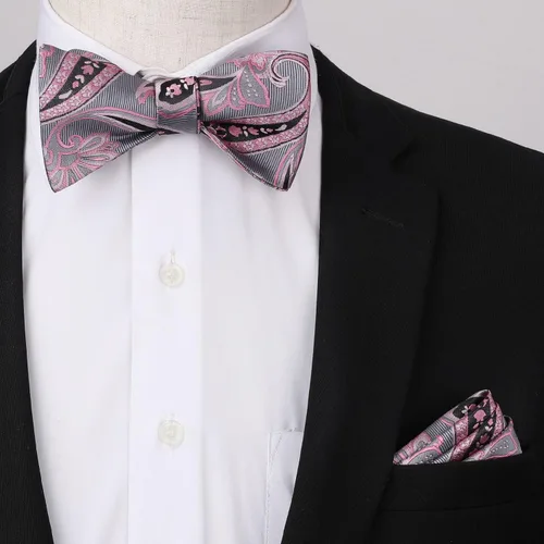 Vista 178 de HISDERN Pajaritas para hombre, corbatín de cachemira para hombre, corbata de lazo y bolsillo cuadrado, juego formal de esmoquin para boda