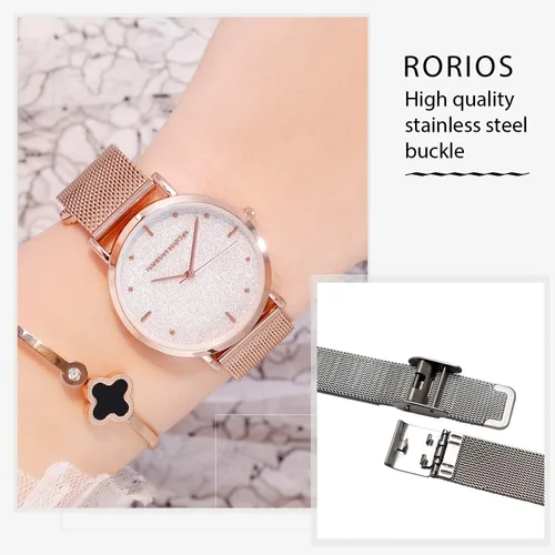 Vista 4 de RORIOS Reloj de pulsera para mujer de moda con esfera estrellada brillante y correa de acero inoxidable para mujer, plateado A, Classic