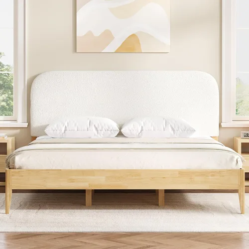 Vista 20 de KISLOT Marco de cama de madera con cabecera tapizada, marrón, tamaño Queen