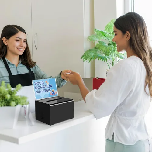 Vista 4 de Caja de donación negra Polmart con cerradura - Urna electoral segura con soporte de letrero extraíble y 2 llaves - para dinero, tarjetas, votos
