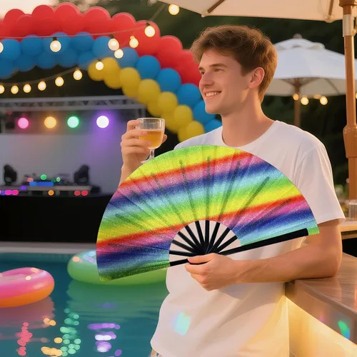 Vista 7 de Ventilador de mano plegable grande con purpurina de 13 pulgadas para hombres y mujeres, ventilador portátil de mano para festivales EDM, fiesta
