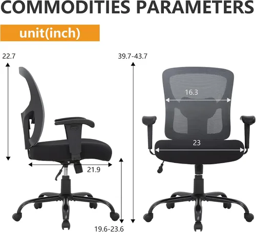 Vista 3 de PayLessHere Silla de escritorio ergonómica, silla de oficina, silla de computadora de 500 libras con soporte lumbar, asiento ancho, brazos de Gris