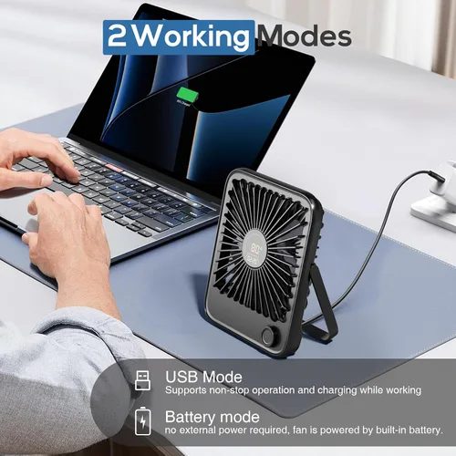 Vista 4 de Shintrend Ventilador de viaje portátil recargable, ventilador de escritorio USB con 100 velocidades de viento, ventilador pequeño con pantalla