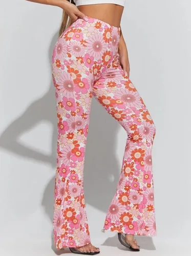 Vista 4 de KUQBMRS Pantalones de yoga elásticos de cintura alta con estampado de flores para mujer, pantalones acampanados de pierna ancha, pantalones