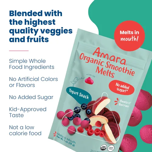 Vista 6 de Amara Smoothie Melts - Beets n' Berries - Snacks orgánicos para bebés con frutas y verduras - Yogur derretido a base de plantas - Snack saludable