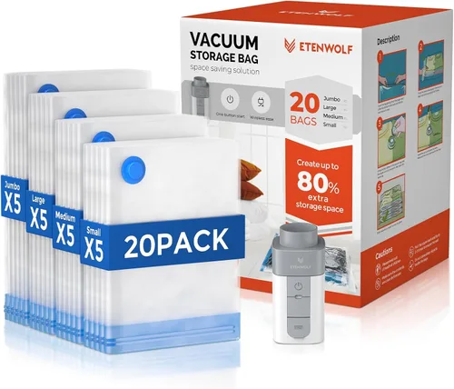 Vista 9 de ETENWOLF Bolsas de almacenamiento al vacío para viajes con bomba inalámbrica recargable, bolsas de sellado al vacío para ropa y viajes, bolsas