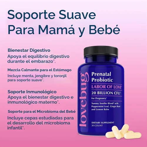 Vista 3 de LOVEBUG Probiótico prenatal Ayuda con las náuseas, la acidez estomacal y la digestión Ayuda al microbioma del bebé Variedad múltiple de 20 mil