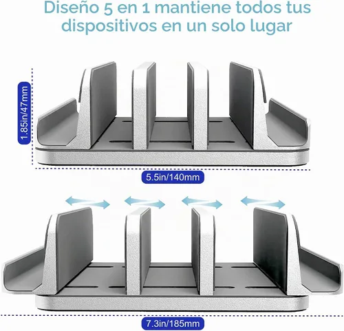 Vista 3 de Soporte ajustable para laptop, 5 ranuras, ahorro de espacio de aluminio, para Apple MacBook/Surface/Galaxy/Tablet/iPad/iPhone, plateado