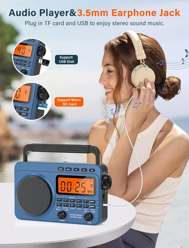 Vista 6 de Radio digital AM FM de onda corta con la mejor recepción, radio portátil recargable de 4000 mAh con alerta meteorológica NOAA, altavoz grande
