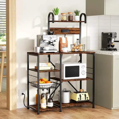 Vista 7 de JAMFLY Estante para hornear de cocina de 35.4 pulgadas con toma de corriente, mesa de café y soporte para microondas, estante de almacenamiento