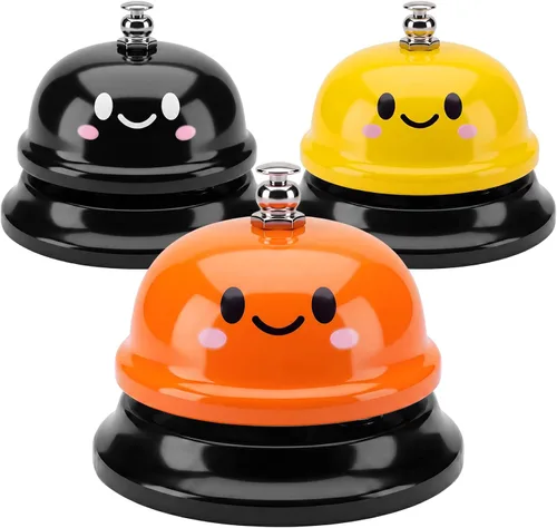 Vista 15 de Hotop Campanas de escritorio de 3 piezas para servicio, divertida recepción, sonriente, timbre de metal, timbre de llamada, para cocina, hotel