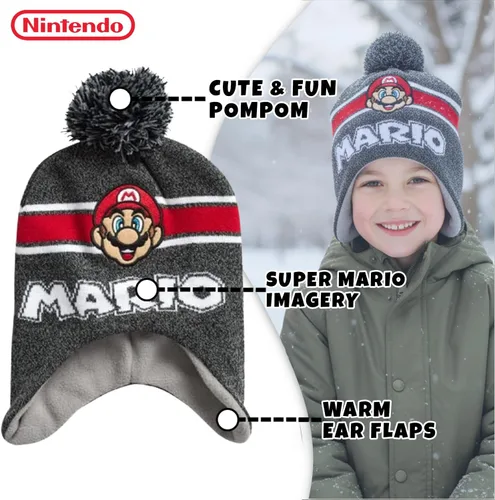 Vista 5 de Nintendo Super Mario Bros. Gorro de invierno para niños, paquete de 2 gorros Super Mario Pom Pom (4-7), talla 4-7, edad 4-7