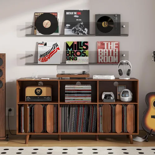 Vista 8 de Oubayajia Soporte Grande para Tocadiscos, Soporte de Almacenamiento de Discos de Vinilo, Mesa para Tocadiscos con Toma de Corriente, Soporte