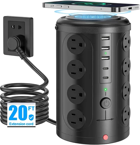 Vista 16 de Regleta de alimentación con protector de sobretensiones de torre (16 salidas de CA + 5 puertos USB incluyendo 2 tipos C), cable de extensión de 5
