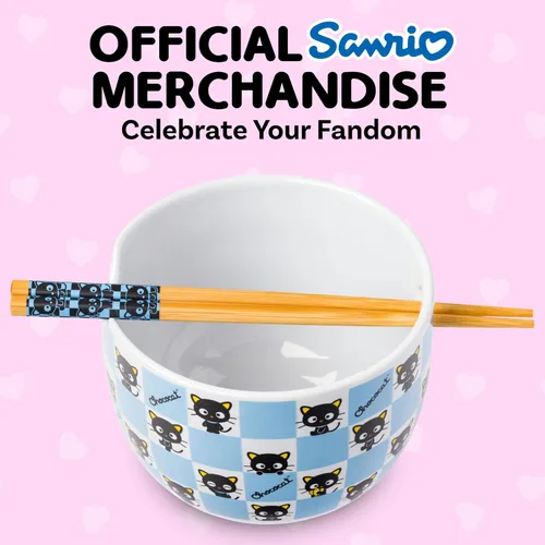 Vista 5 de Silver Buffalo Hello Kitty y sus amigos Chococat - Tazón de cerámica para ramen y arroz con palillos, patrón a cuadros, apto para microondas, 20