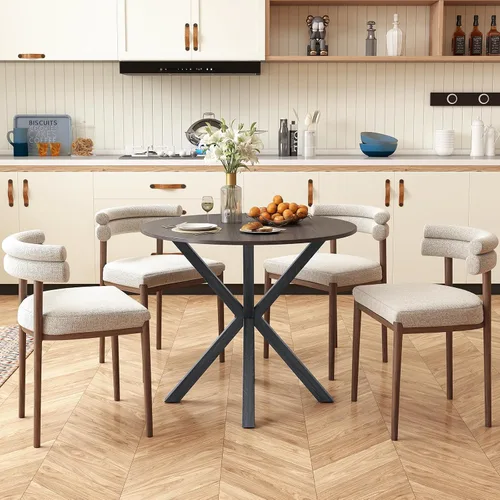 Vista 8 de Giantex Mesa de comedor redonda de 36" para 4, mesa de cocina estilo granja con patas de madera de goma, almohadillas ajustables para pies, mesas