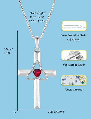 Vista 3 de Collar de cruz celta de plata de ley 925 con colgante de piedra natal chapada en oro blanco para mujer