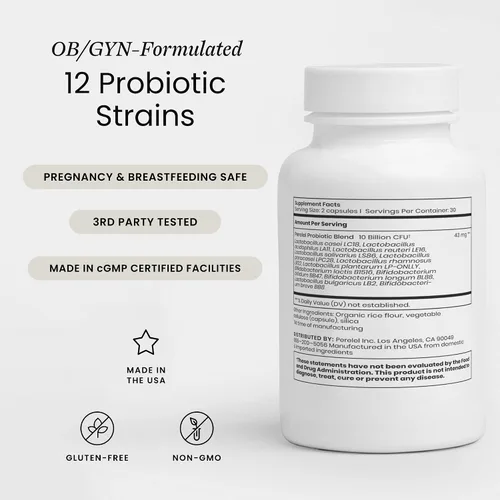 Vista 2 de Perelel Probiótico diario, suplemento para mujer con 10 mil millones de UFC, apoya la salud vaginal y digestiva diaria, sin soja y gluten, sin OMG
