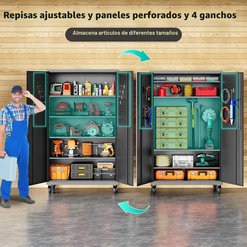 Vista 5 de SISESOL Gabinete de almacenamiento de metal ancho y profundo con ruedas, gabinete de almacenamiento de garaje alto rodante con cerradura, gabinetes