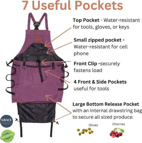 Vista 2 de Delantal de jardinería con bolsillos para mujeres y hombres, delantal de jardín con 7 bolsillos y bolsa interna con cordón, gran regalo