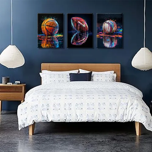 Vista 8 de 3 piezas de arte de pared en lienzo deportivo de graffiti para habitación de niños, rústico, fútbol, béisbol, fútbol americano, rugby, decoración