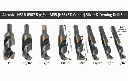 Vista 2 de Accusize Industrial Tools M35 (H.S.S.+5% Cobalto) Vástago y taladro de 1/2" - 9/16" a 1", juego de 8 piezas, H516-6507 M35 HSS + 5% cobalto, 1/2