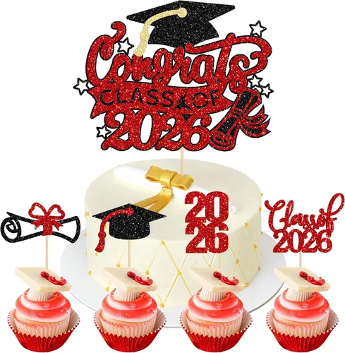 Vista 24 de Gyufise 24 piezas de decoración para cupcakes con purpurina para graduación 2026, decoración de pasteles para graduación 2026, decoración de Negro
