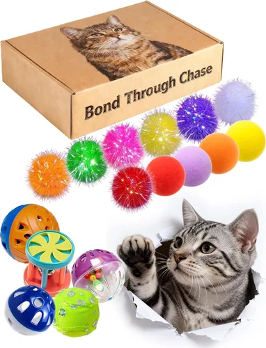 Vista 6 de 6 pelotas de juguete para gatos de interior con 4 bolas de campana y 2 bolas de felpa Juego interactivo, sin BPA, diseño colorido, 1.5 pulgadas