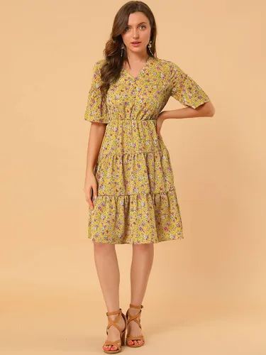 Vista 3 de Allegra K Vestido floral con dobladillo escalonado y volantes para mujer, cintura con lazo y cuello en V, manga acampanada, M