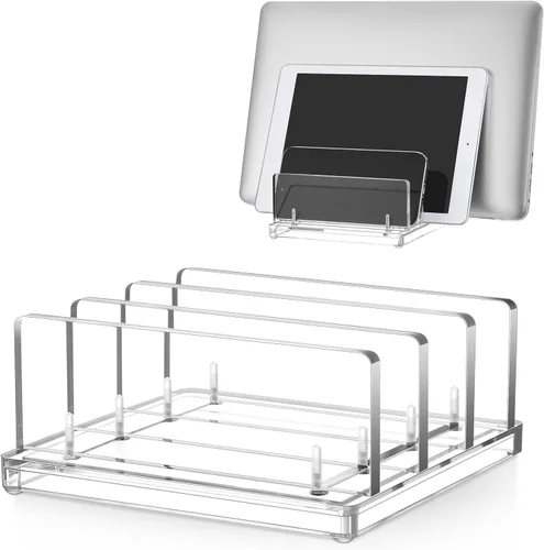 Vista 10 de Soporte vertical ajustable para computadora portátil, soporte acrílico de 3 ranuras para laptop, base invisible para computadora portátil, todos