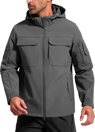 Vista 18 de FREE SOLDIER Chaqueta impermeable Softshell con forro polar para hombre, chaqueta táctica militar con capucha rompevientos