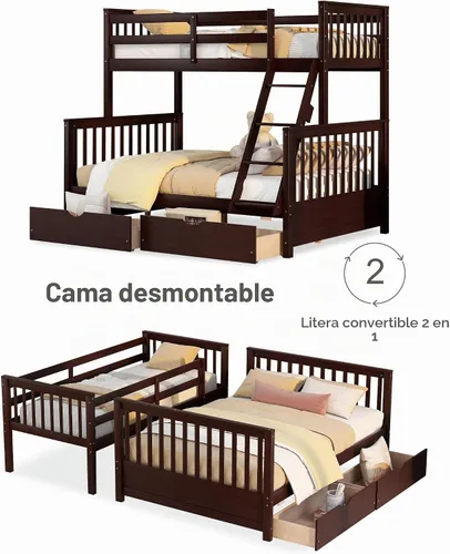 Vista 6 de Merax Litera de madera con dos cajones, litera de madera convertible con escaleras y dos cajones de almacenamiento, marco de cama desmontable