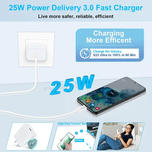 Vista 3 de Cargador súper rápido de 25 W, cargador de teléfono Android C de 10 pies de largo, cable USB tipo C, carga rápida para Samsung Galaxy A17 A16 5G A15