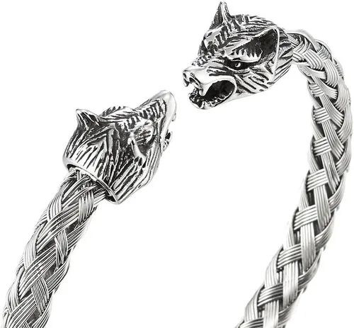 Vista 2 de COOLSTEELANDBEYOND Pulsera de cabeza de lobo para hombre de acero trenzado de acero pulido, ajustable