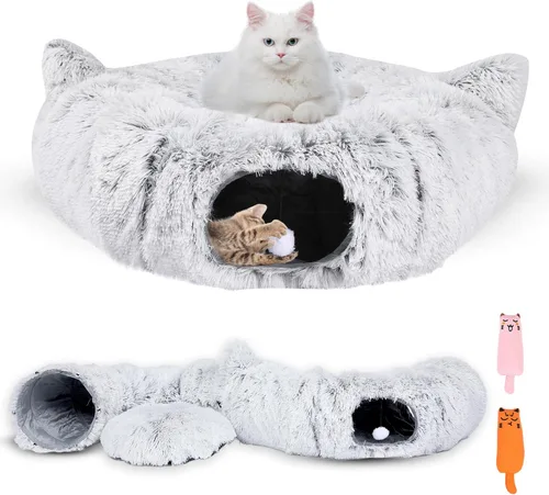 Vista 2 de Túnel Cama Cueva para Gatos con Juguetes de Catnip - Escondite Peekaboo para Gatos y Túnel Donut para Gatos - Túneles para Gatos 3-en-1 para Gatos