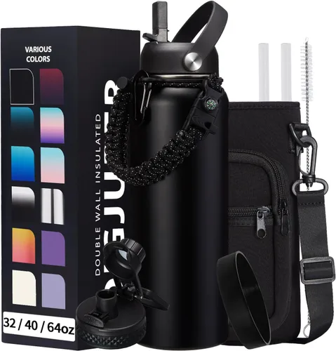 Vista 12 de Botella de agua aislada de 1 galón, con popote y tapa de pico automático, mango de paracord, funda para botella, botella de agua de acero inoxidable