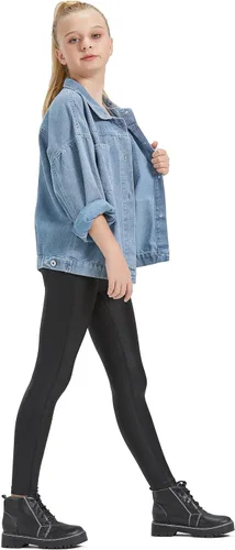 Vista 7 de HARTPOR Leggings de piel sintética para niñas, leggings de piel elástica de cintura alta, pantalones de cuero para adolescentes