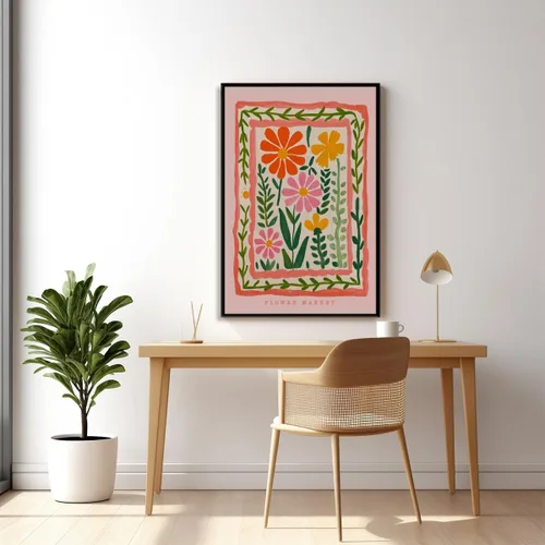 Vista 3 de Arte de pared de flores silvestres rosas, póster retro de mercado de flores, impresión botánica colorida de moda, arte popular, ilustración floral