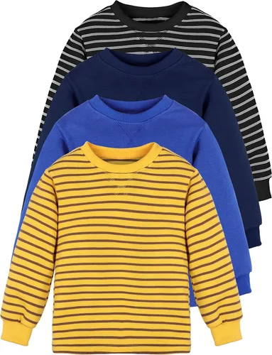 Vista 8 de Cooraby Pack de 4 Camisas de Manga Larga Térmicas para Niños con Rayas y Sólidas, Camisetas de Algodón Suave para Niños y Pequeños