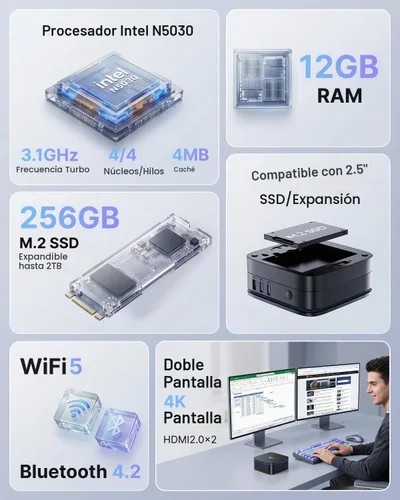 Vista 2 de KAMRUI AK1PLUS - Mini computadora de escritorio, Intel N5030 (hasta 3.1 GHz), 12 GB de RAM 256 GB SSD, Mini computadora de escritorio 4K dual