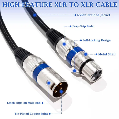 Vista 5 de Cable de micrófono XLR, cable DMX de 3 pines macho a hembra, cable blindado equilibrado para iluminación de escenario, micrófono, estación de radio