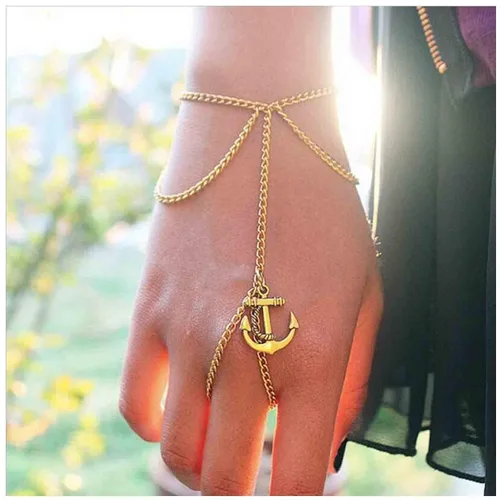 Vista 2 de Pulsera bohemia de ancla esclava, pulsera de dedo de oro, pulsera de anillo vintage, anillo de capas, pulsera de muñeca retro arnés de mano cadena