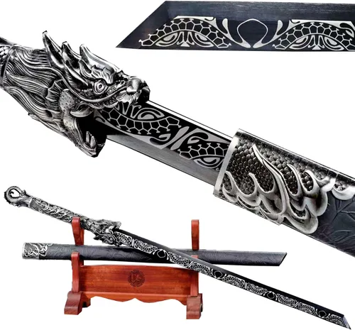 Vista 11 de Espada de hoja recta de acero al carbono hecha a mano con patrón genial, espada Dragón Tang Dao china Dorado