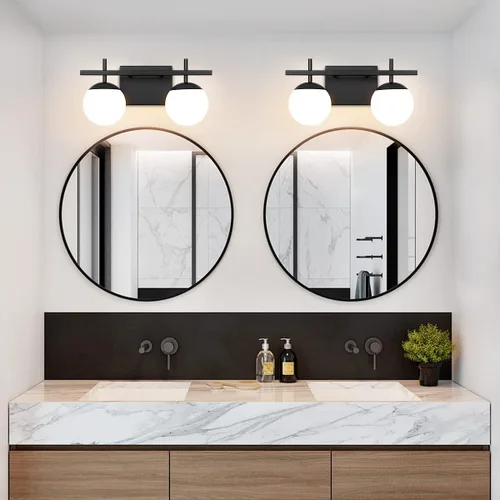 Vista 9 de Accesorios de iluminación de baño sobre espejo, luces de tocador negras para baño con vidrio esmerilado blanco, accesorios de iluminación de tocador