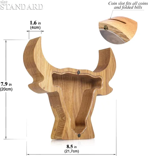 Vista 4 de BULL alcancía de madera para niño niña niño adulto Montessori waldorf juguete bebé cumpleaños regalo de Navidad tarro de punta caja de dinero regalo